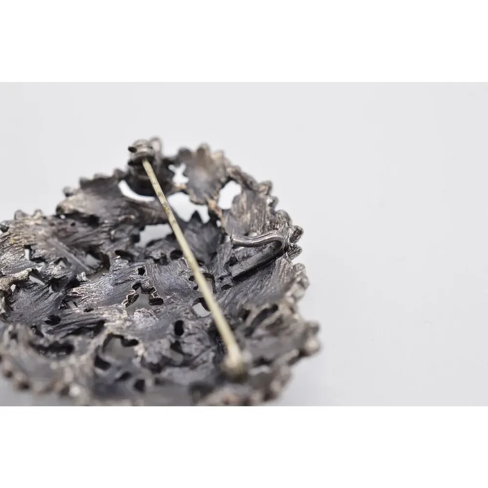 Vintage Leaf Pin Brooch Brushed Silver Pewter Textured Leaves Chunky 1980s 9B